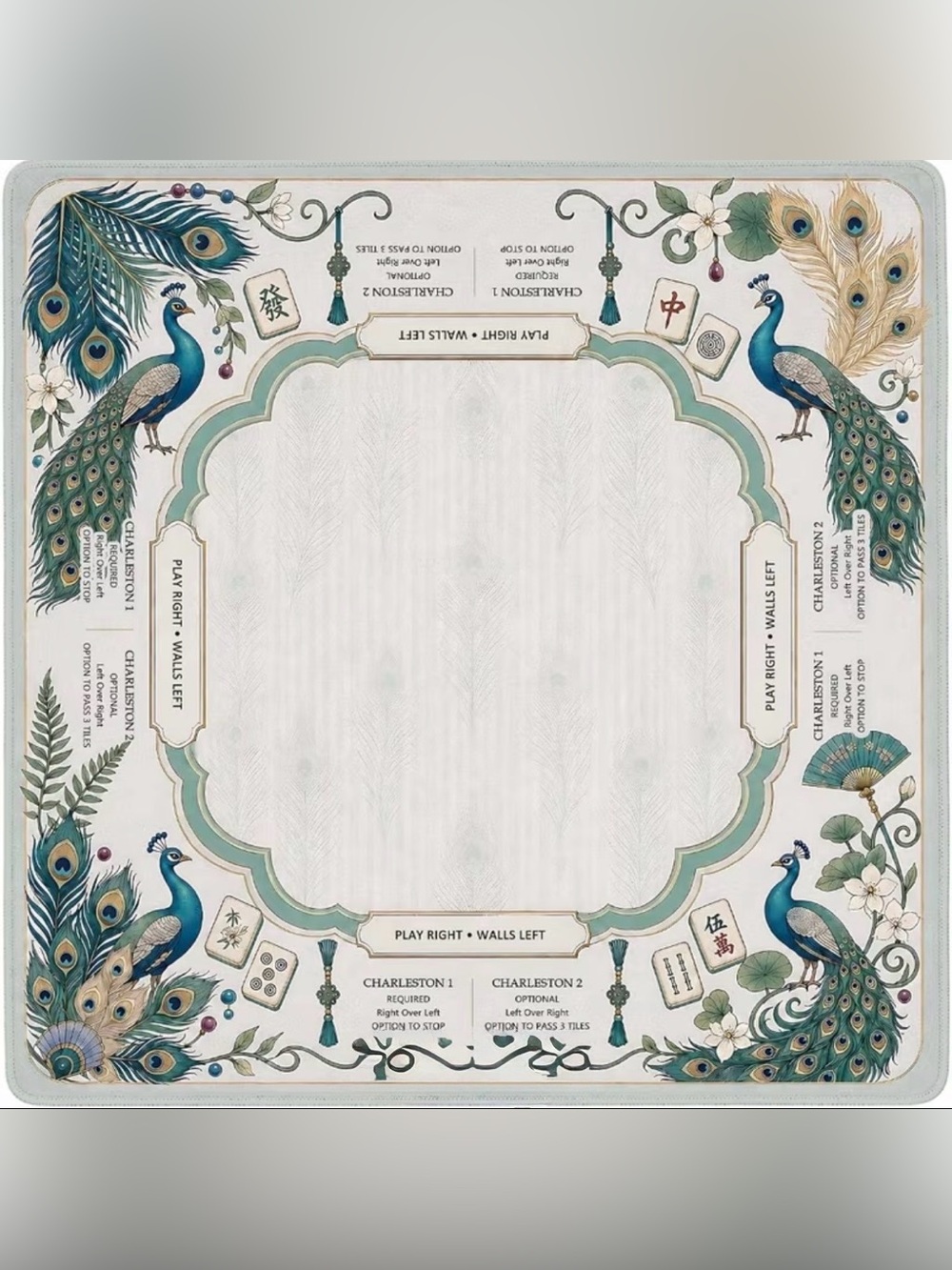 Peacock Mahjong mat with instructions - Teal & Blue 31.5"